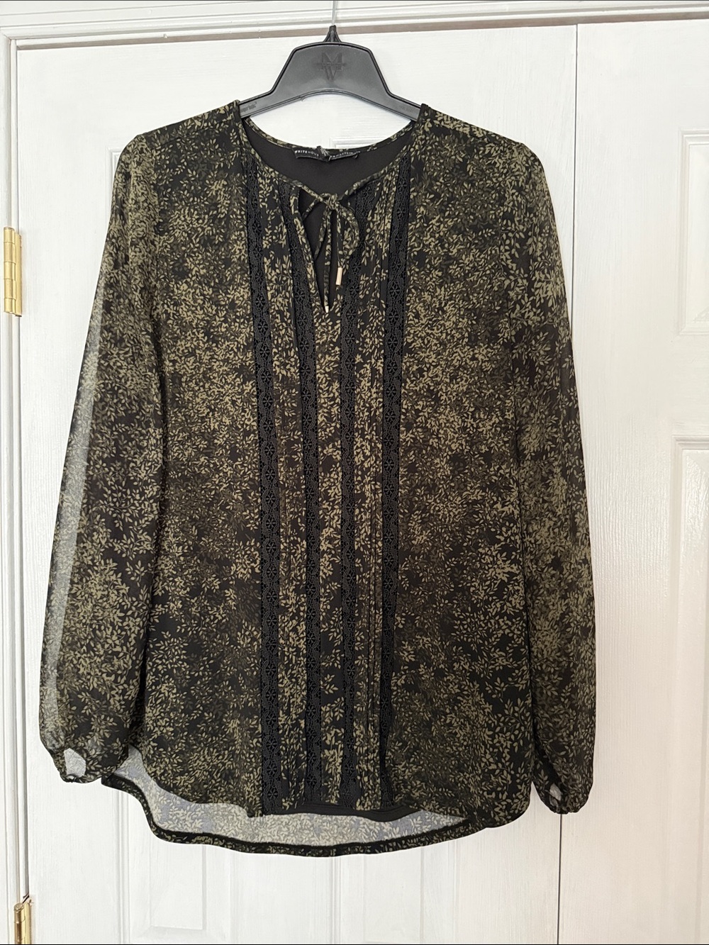 White House Black Market Black Sheer Blouse with Olive Floral Print